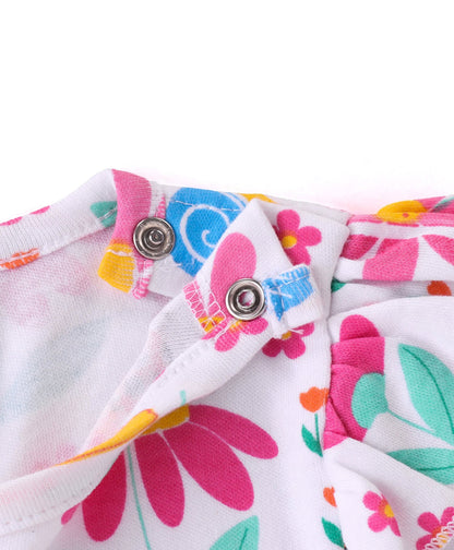 100% Cotton Knit Full Sleeves Onesies with Polka Dots Floral Print & Frill Detailing Pack of 3 - Yellow Pink & White