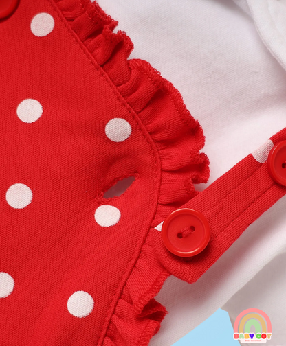 100% Cotton Knit Half Sleeves T-Shirt & Onesies with Hairband With Polka Dots - Red