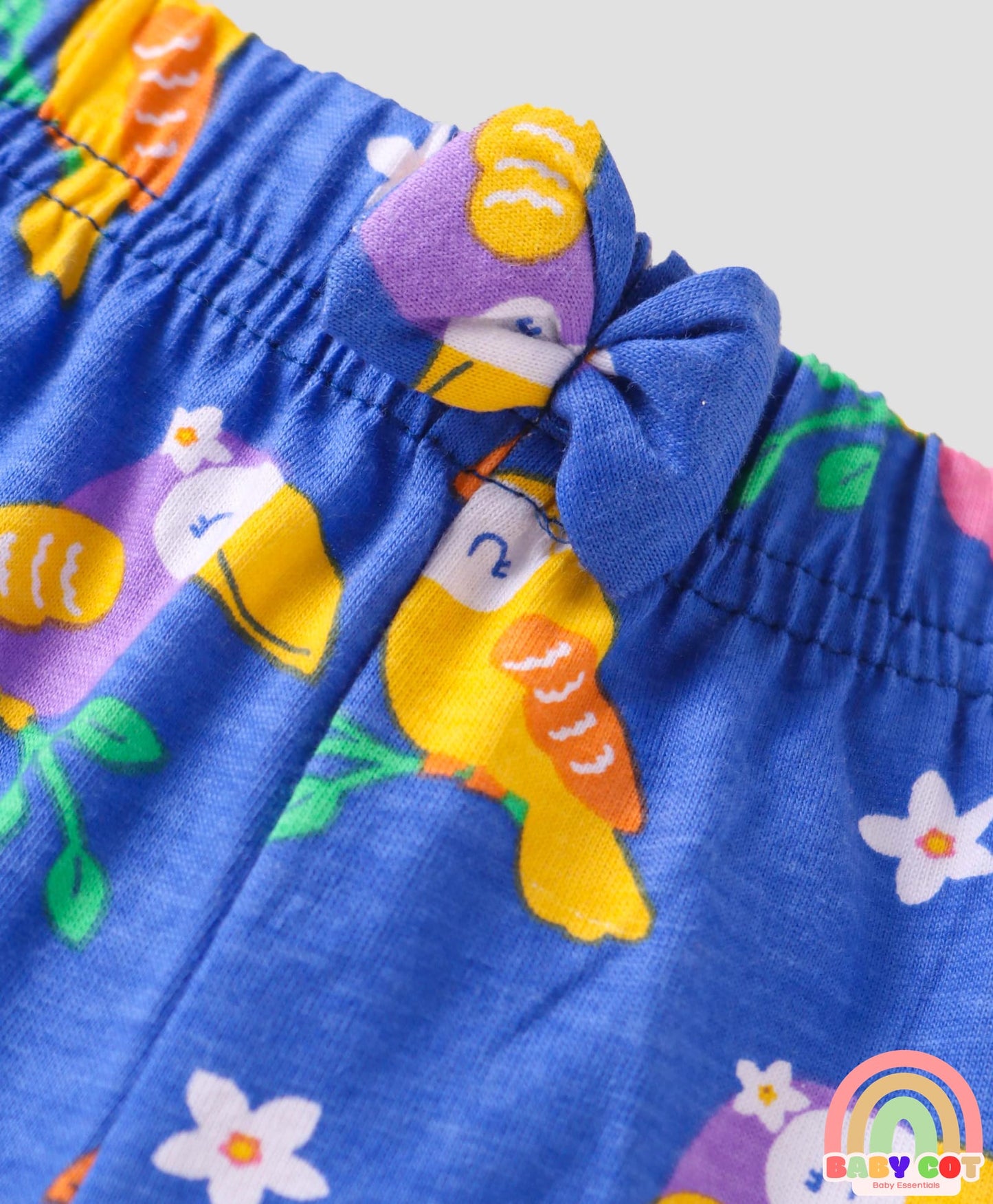 Cotton Knit Mid Thigh Shorts With Polka Dots & Birds Print with Bow Applique Pack of 3 - Blue Pink & Orange