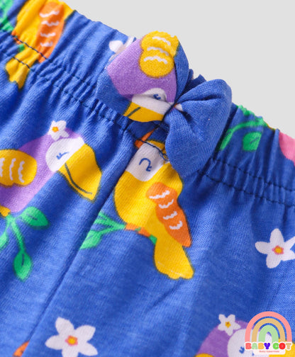 Cotton Knit Mid Thigh Shorts With Polka Dots & Birds Print with Bow Applique Pack of 3 - Blue Pink & Orange
