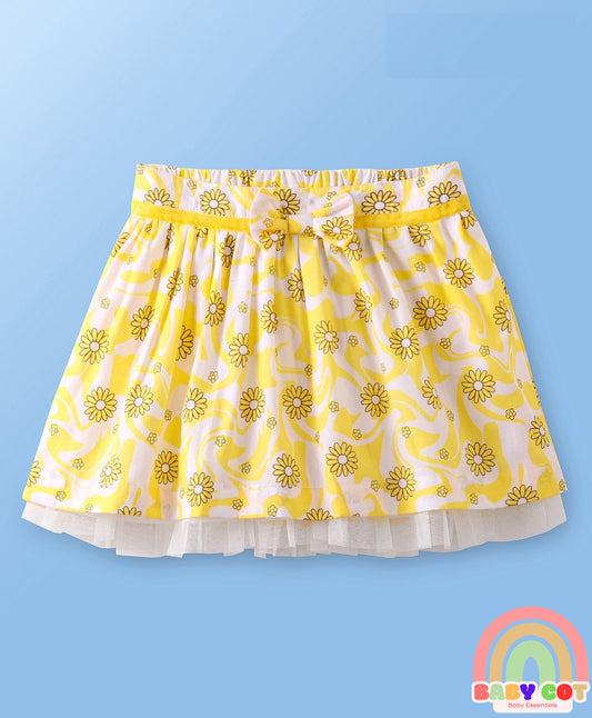 Cotton Knee Length Skirt Floral Print - Yellow