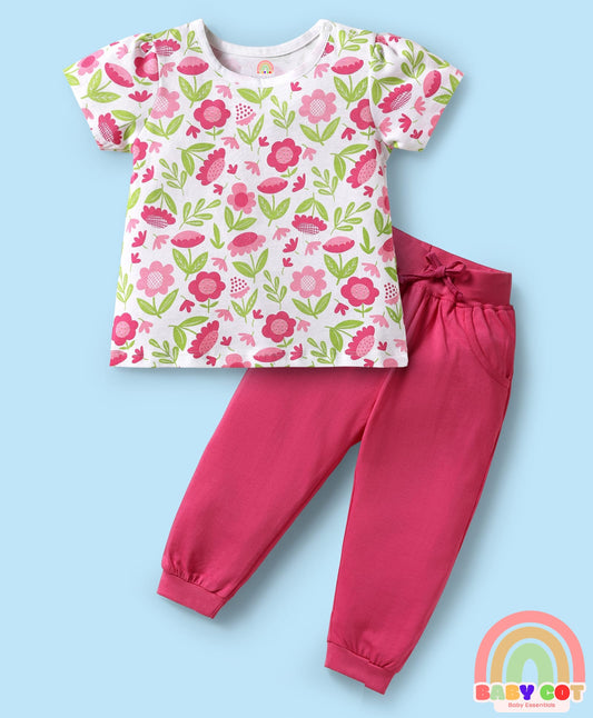 100% Cotton Knit Half Sleeves Floral Printed T-Shirt & Lounge Pant Set - White & Dark Pink