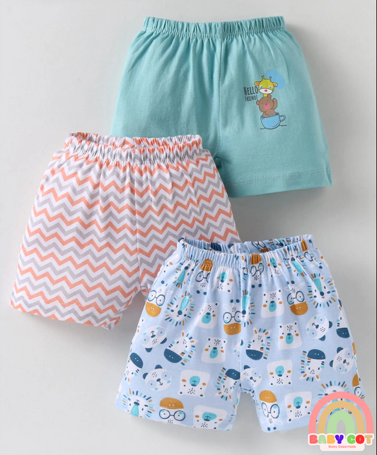 Single Jersey Knit Knee Length Shorts With Animal Print Pack of 3 - Light Blue Red & Green