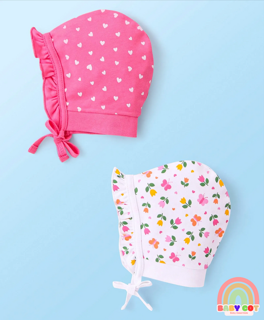 100% Cotton Interlock Knit Caps With Hearts & Floral Print Pack of 2 - Pink & White