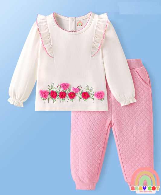 100% Cotton Solid Dyed Full Sleeves Top & Legging Set with Floral Applique & Frill Detailing- White & Pink