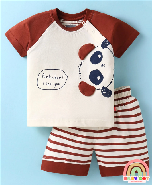 Sinker Knit Half Raglan Sleeves T-Shirt & Shorts Set with Stripes - Brown & White
