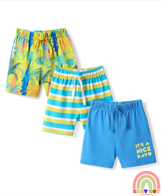 Cotton Knit Mid Thigh Shorts with Tropical Theme Print & Stripes Pack of 3 - Multicolor