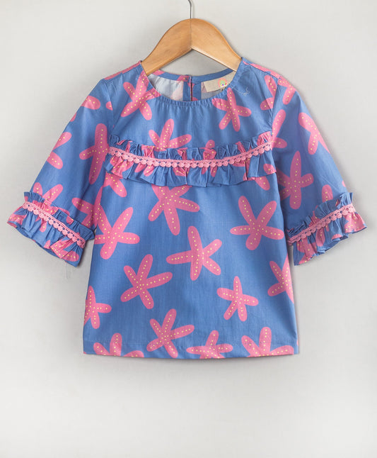 Woven Cotton Three Fourth Sleeves Starfish Printed Lace Embellished Top - Blue