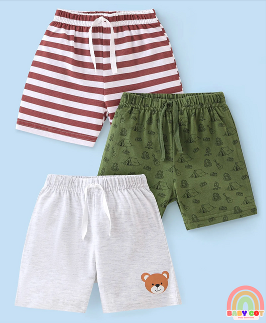 Cotton Knit Striped and Bear Printed Shorts Pack of 3 - Green White and Brown