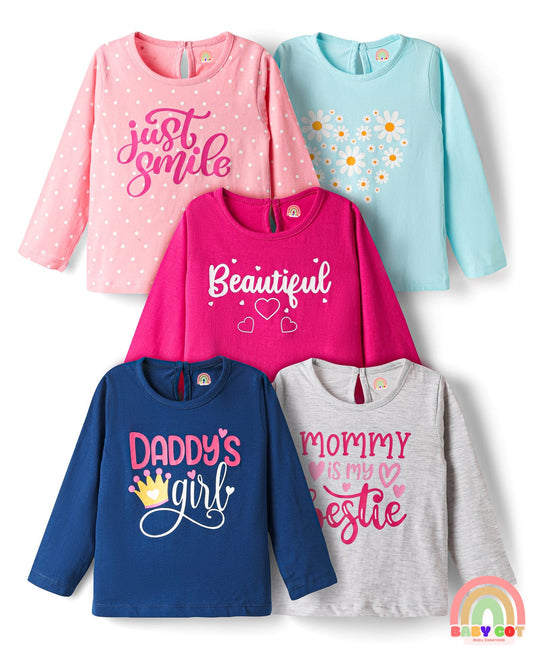 100% Cotton Knit Full Sleeves T-Shirts with Text Print Pack of 5 - Multicolor