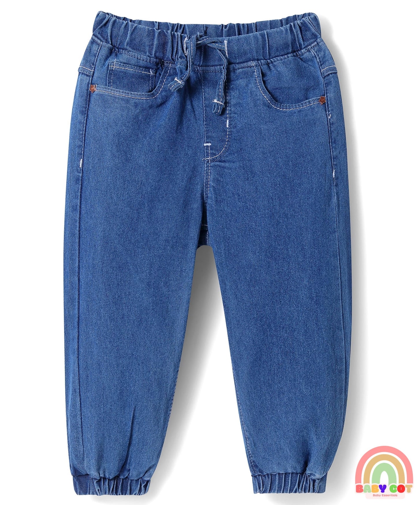 Full Length Washed Denim Jeans With Stretch - Medium Blue