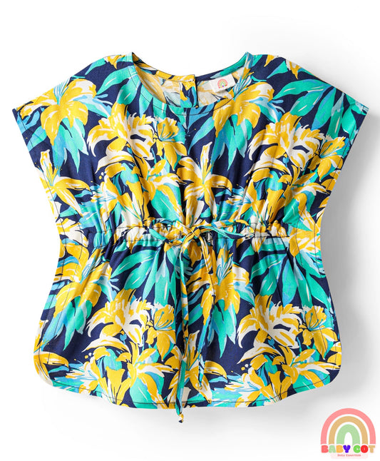 Rayon Woven Half Sleeves Kaftan Top with Leaves Print - Navy Blue