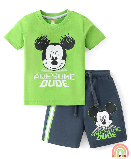 Cotton Knit Half Sleeves T-Shirt & Shorts Set With Cartoon Print - Green & Blue