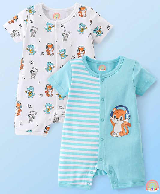 100% Cotton Interlock Knit Half Sleeves Romper Stripes & Animal Print Pack Of 2 - Multicolor