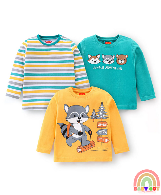 Cotton Knit Full Sleeves T-Shirt Stripes & Fox Graphics Pack of 3 - Yellow White & Green