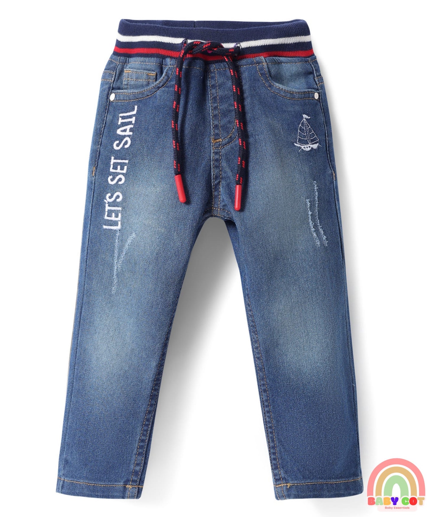 Cotton Denim Full Length Washed Jeans With Stretch & Logo Text Print - Blue