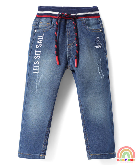 Cotton Denim Full Length Washed Jeans With Stretch & Logo Text Print - Blue