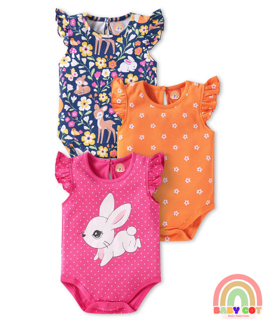 100% Cotton Knit Frill Sleeves Floral & Animal Printed Onesies Pack of 3 - Dark Pink Navy & Orange