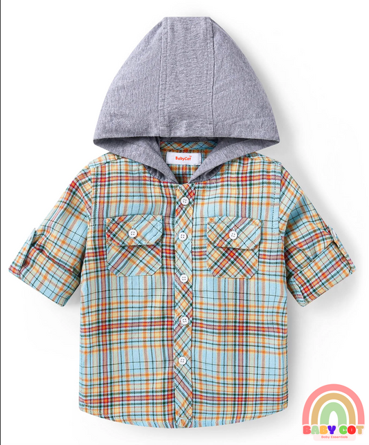 Cotton Woven Full Sleeves Hooded Shirt With Checks - Light Blue