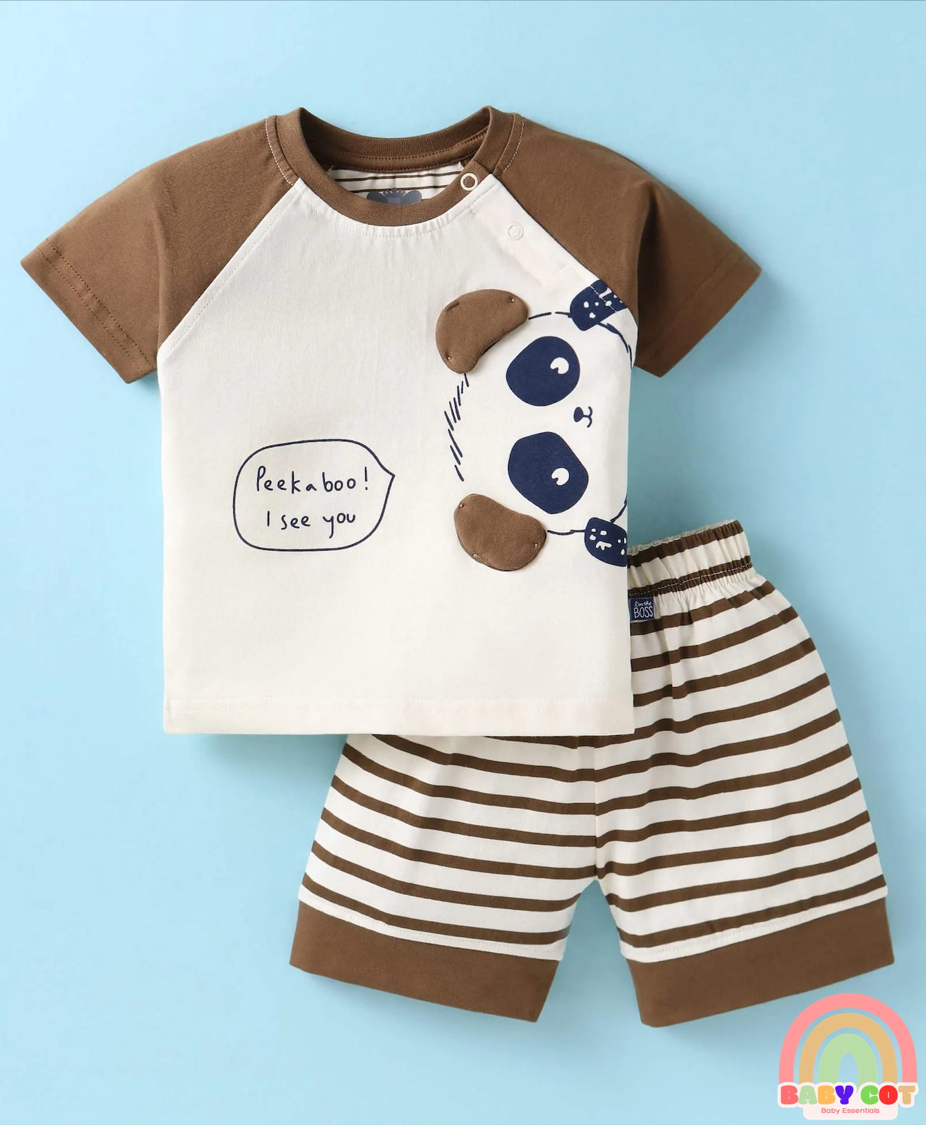 Sinker Knit Half Raglan Sleeves T-Shirt & Shorts Set with Stripes - Brown & White