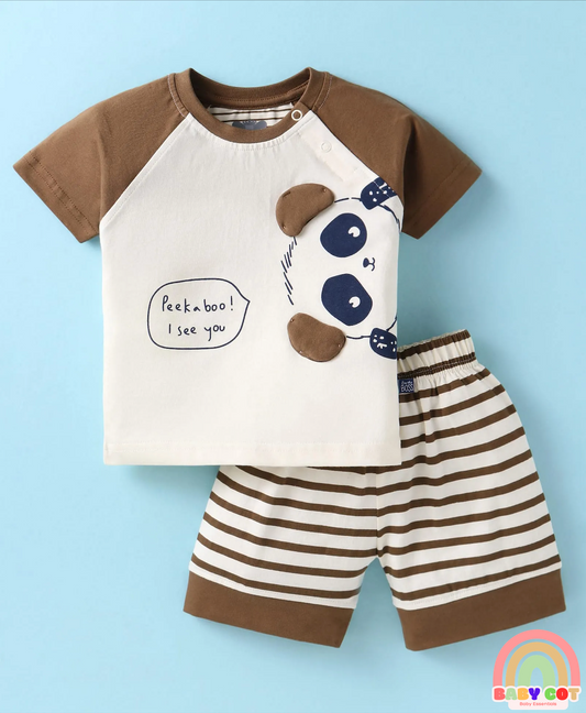 Sinker Knit Half Raglan Sleeves T-Shirt & Shorts Set with Stripes - Brown & White