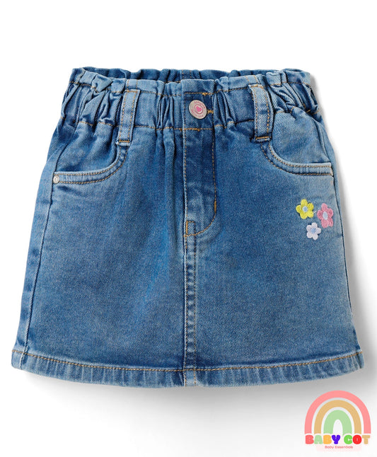 Mid Thigh Denim Skirt with Floral Embroidery - Blue