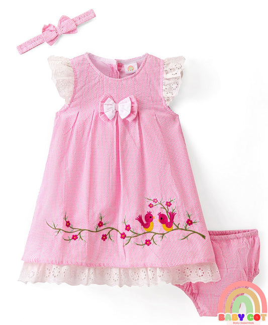 Cotton Woven Frill Sleeves Floral Embroidered & Lace Detailing Frock With Bloomer & Headband - Pink