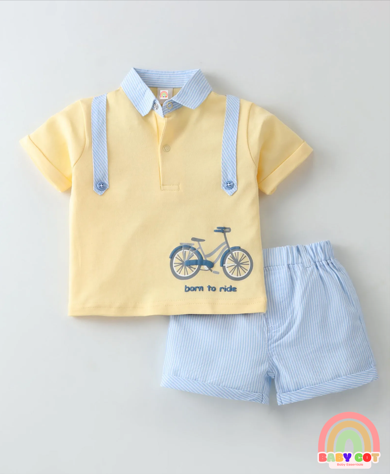 100% Cotton Knit Half Sleeves Polo T-Shirt & Woven Striped Shorts Set With Bicycle Print - Light Yellow & Sky Blue