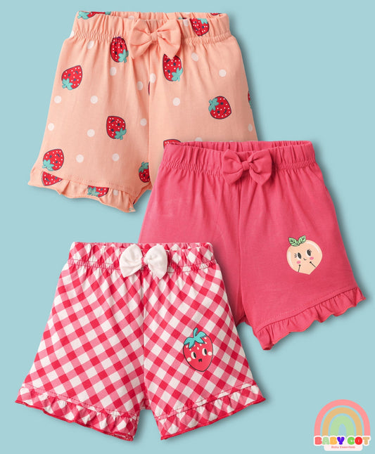 Knee Length Shorts With Checks Strawberry Print & Bow Applique Pack Of 3 - Pink White & Peach