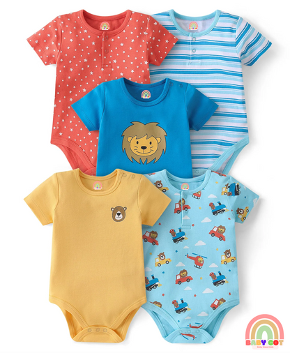 100% Cotton Knit Half Sleeves Striped & Lion Printed Onesies Pack of 5 - Multicolour