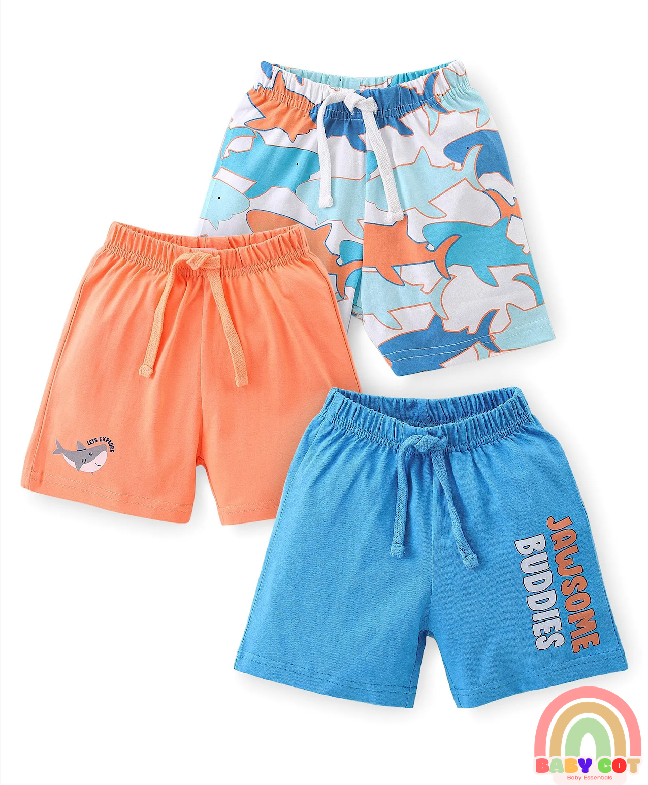 Cotton Knit Shorts with Shark & Text Print Pack of 3 - Multicolour