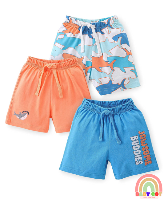 Cotton Knit Shorts with Shark & Text Print Pack of 3 - Multicolour