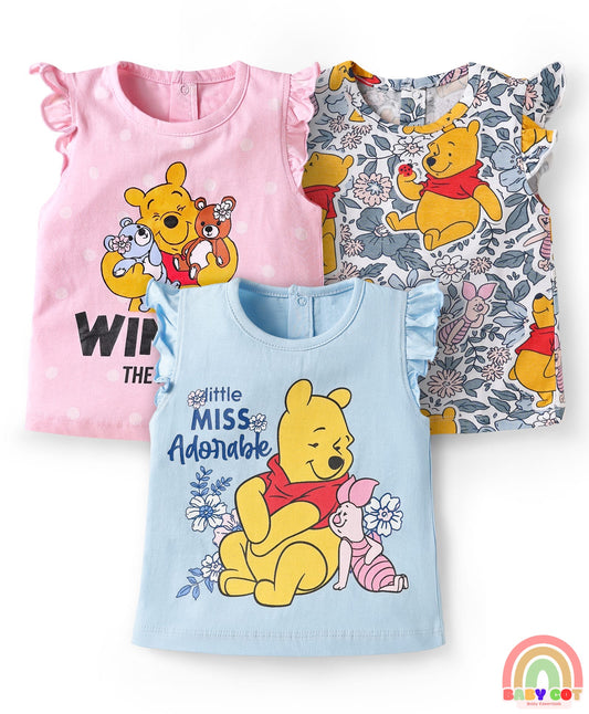 Single Jersey Knit Sleeveless T-Shirts With Winnie The Pooh Graphics Pack Of 3 - Pink & Light Blue