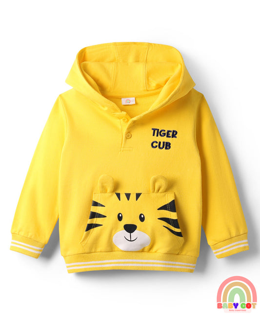 Cotton Knit Full Sleeves Hooded Sweatshirt with Tiger Print & Kangaroo Pocket - Yellow