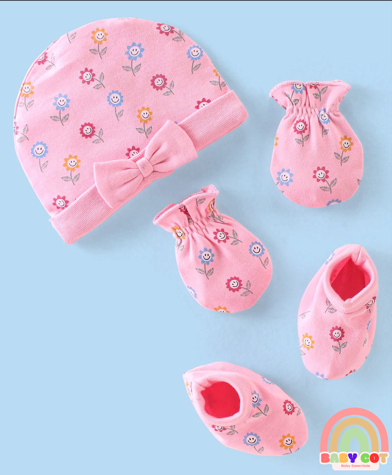 100% Cotton Knit Cap Mittens & Booties Set with Floral Print - Pink