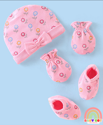 100% Cotton Knit Cap Mittens & Booties Set with Floral Print - Pink