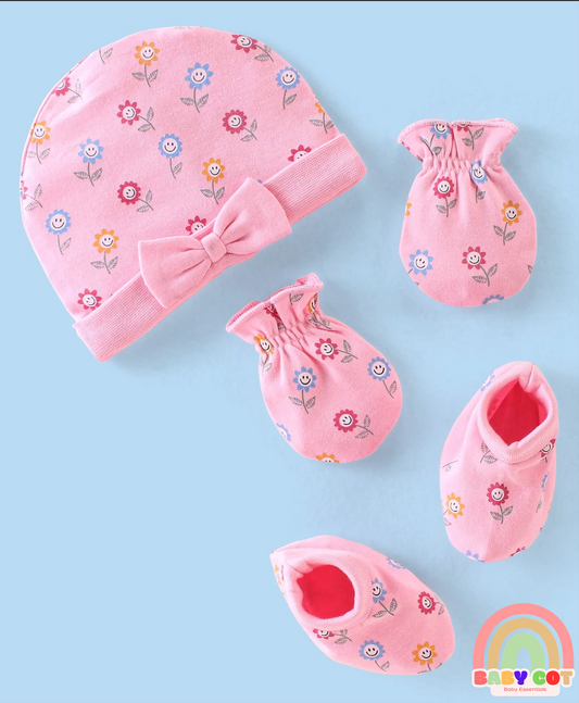 100% Cotton Knit Cap Mittens & Booties Set with Floral Print - Pink