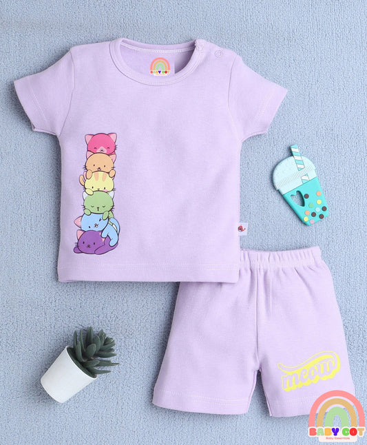 Cotton Knit Half Sleeves Cute Baby Cats Printed Tee & Coordinating Shorts Set - Lavender
