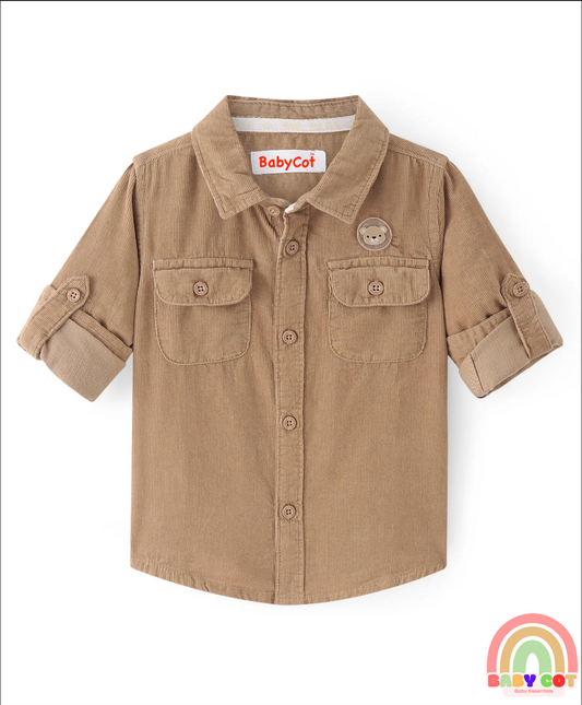 Cotton Woven Full Sleeves Solid Colour Corduory Shirt - Tan