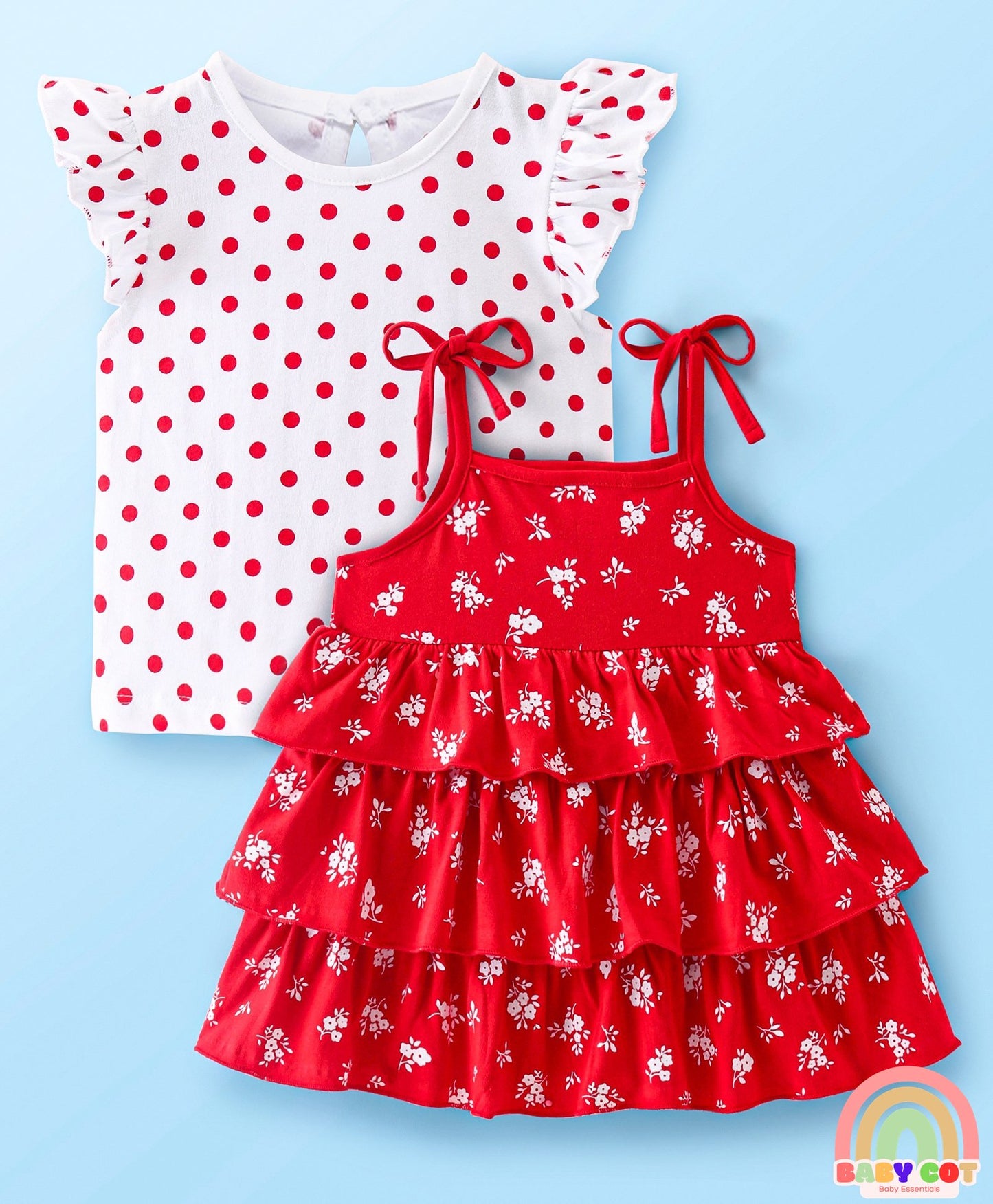 Single Jersey Knit Frill Sleeves T-Shirt With Layered Frock Floral Print - White & Red