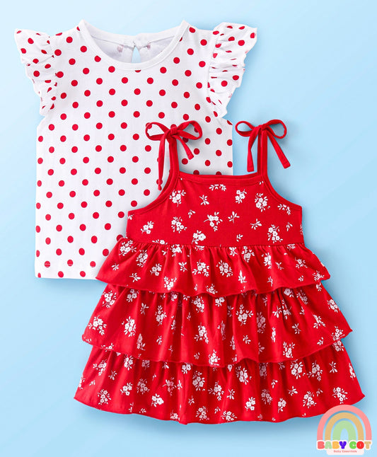 Single Jersey Knit Frill Sleeves T-Shirt With Layered Frock Floral Print - White & Red