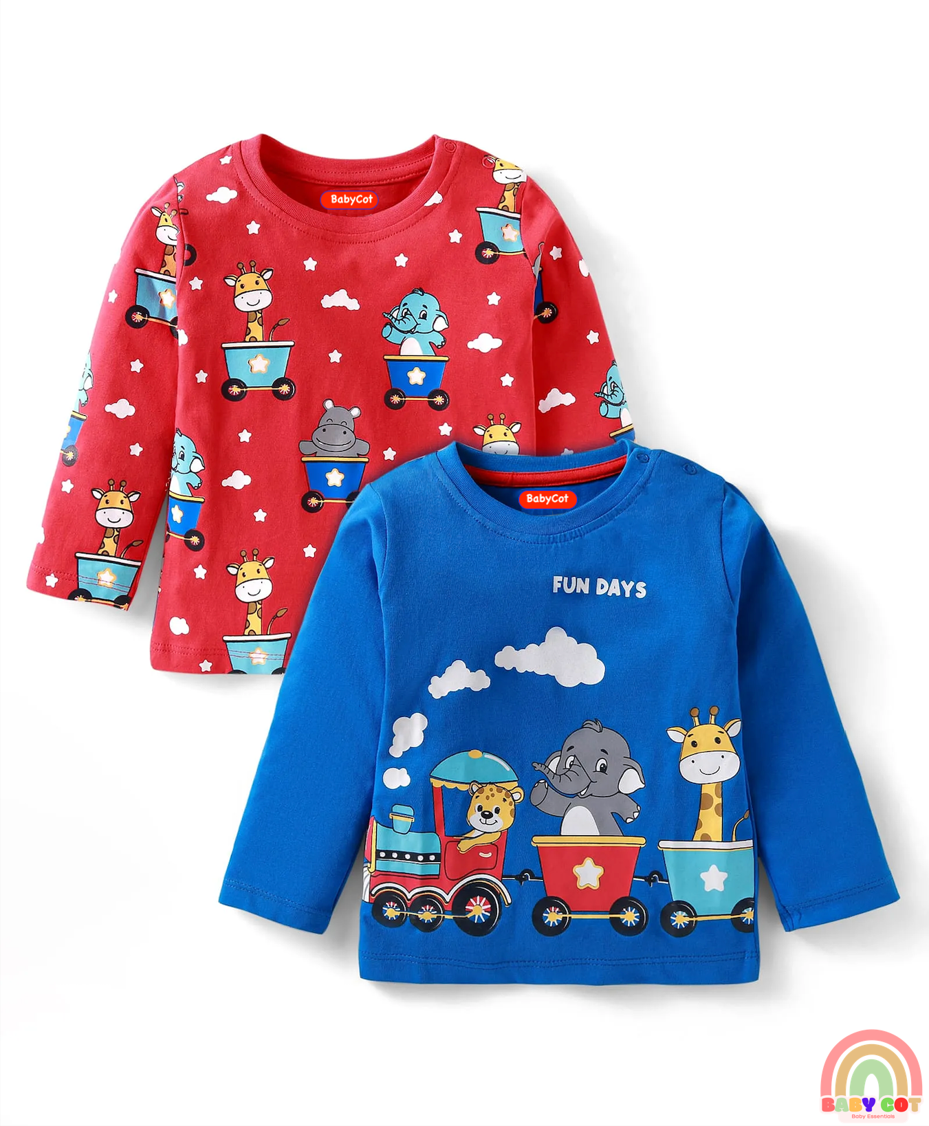 Cotton Knit Full Sleeves T-Shirts with Animal Print Pack of 2 - Red & Blue