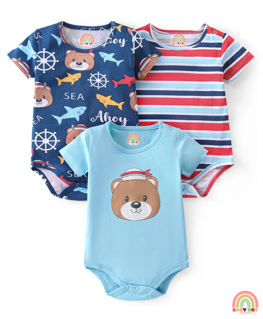 100% Cotton Knit Half Sleeves Striped & Bear Printed Onesies Pack of 3 - Multicolour