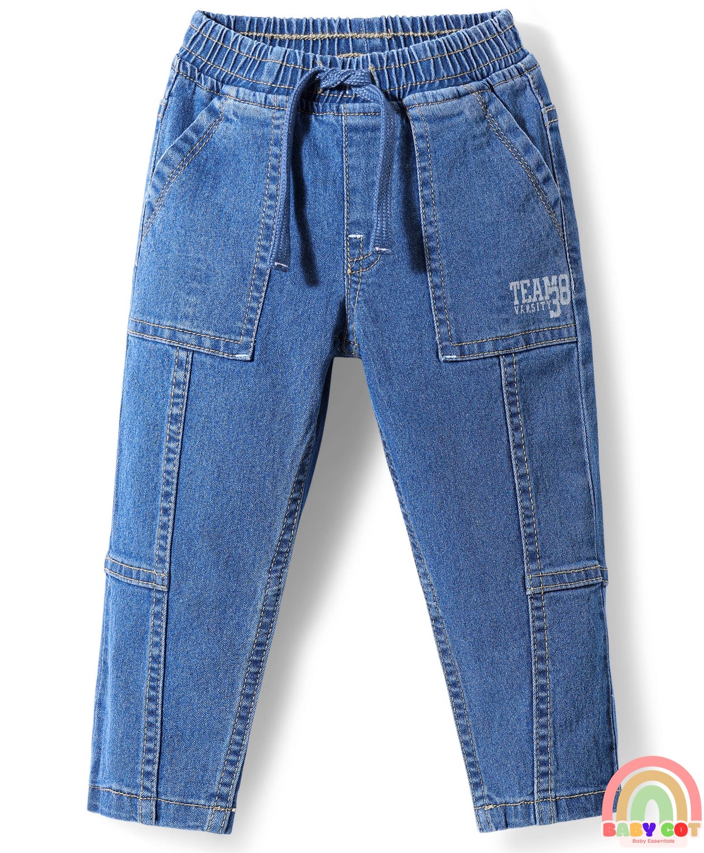 Cotton Full Length Stretchable Denim Jeans with Team Varsity 38 Print - Blue