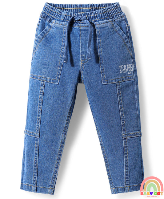 Cotton Full Length Stretchable Denim Jeans with Team Varsity 38 Print - Blue