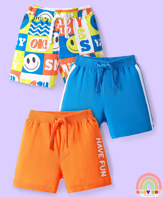 Cotton Knit Mid Thigh Length Shorts with Text Print & Tape Detailing Pack of 3 - Orange & Blue