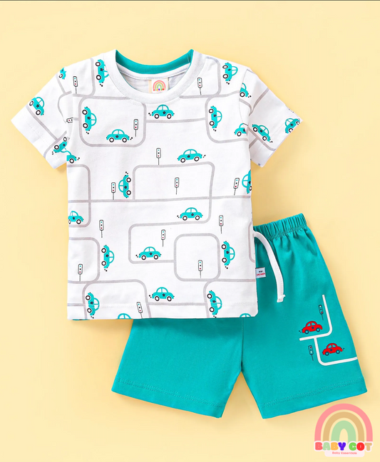 100% Cotton Knit Half Sleeves T-Shirt & Shorts Set with Car Print - Green