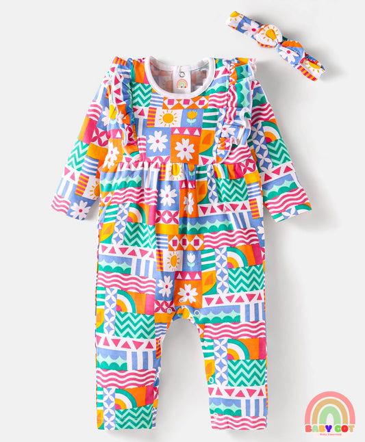 Interlock Knit Full Sleeves Romper With Floral Print & Hairband - Green