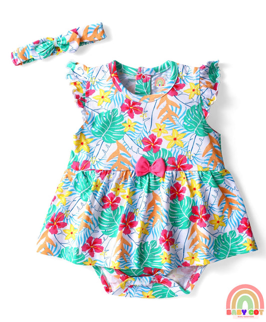 Single Jersey Knit Sleeveless Frock Style Onesie With Floral Print & Hairband - White