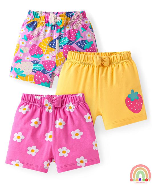 Cotton Knit Mid Thigh Strawberry & Floral Printed Shorts with Bow Applique Pack of 3 - Pink & Yellow